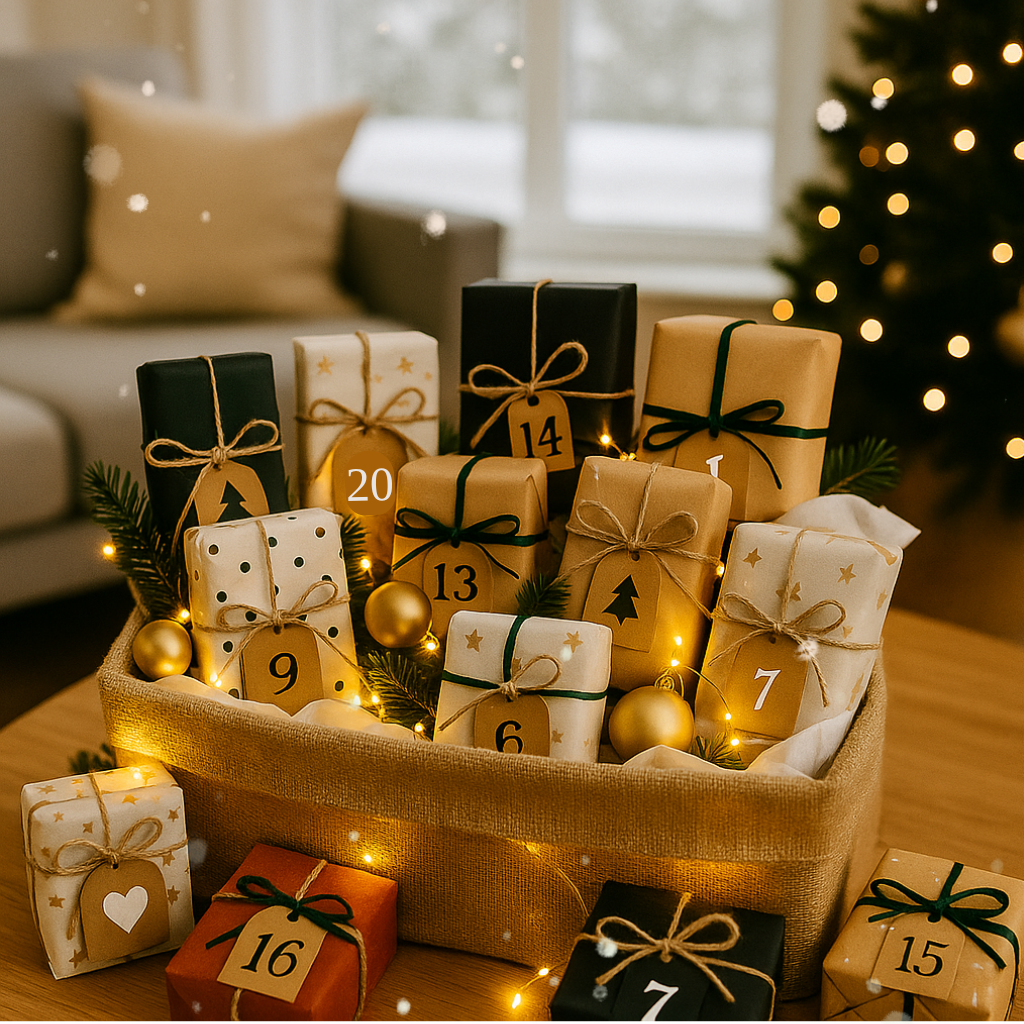 Adventskalender mit eingepackten Geschenken