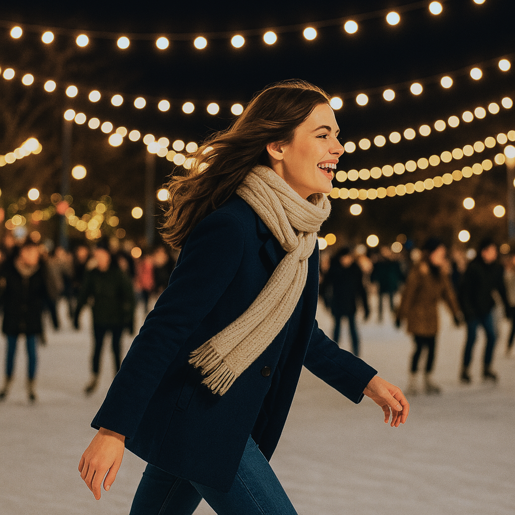 Frau fährt Schlittschuh als Aktivität eines Adventskalenders