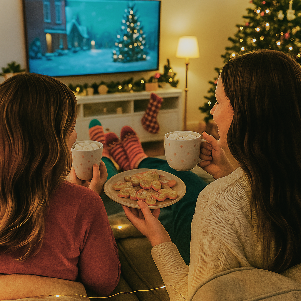 zwei Freundinnen gucken einen Weihnachtsfilm