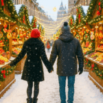 Paar, das über einen Weihnachtsmarkt geht. Die Stadt ist verschneit und weihnachtlich geschmückt