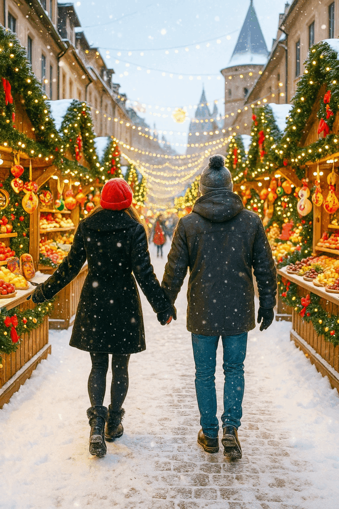 Paar, das über einen Weihnachtsmarkt geht. Die Stadt ist verschneit und weihnachtlich geschmückt