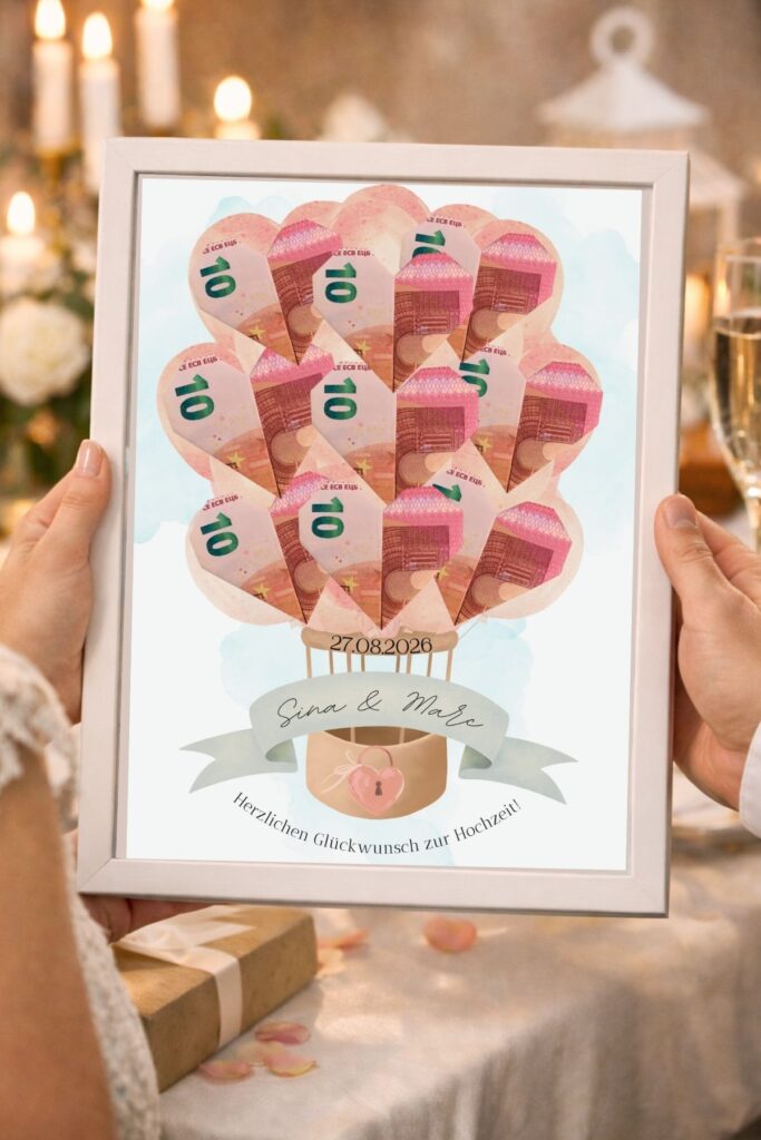 Kreatives Geldgeschenk zur Hochzeit mit personalisiertem Poster im Bilderrahmen